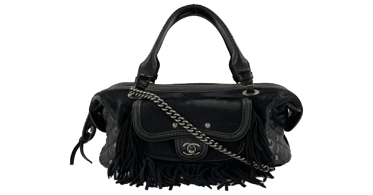 CHANEL- Paris Dallas Large Calfskin PonyHair Fringe Bowling - Shoulder bag  Black Leather ref.920325