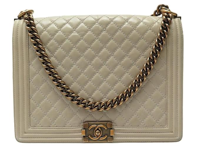 CHANEL BOY MAXI JUMBO BEIGE QUILTED LEATHER BANDOULIERE HANDBAG