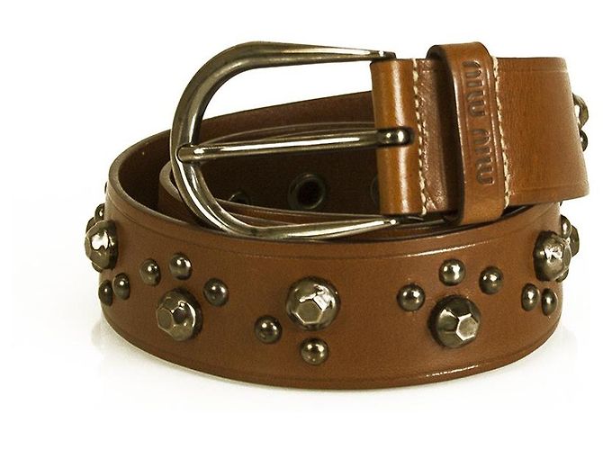 Miu Miu Brown Leather Gunmetal Tone Hardware Studded Belt  display picture 2