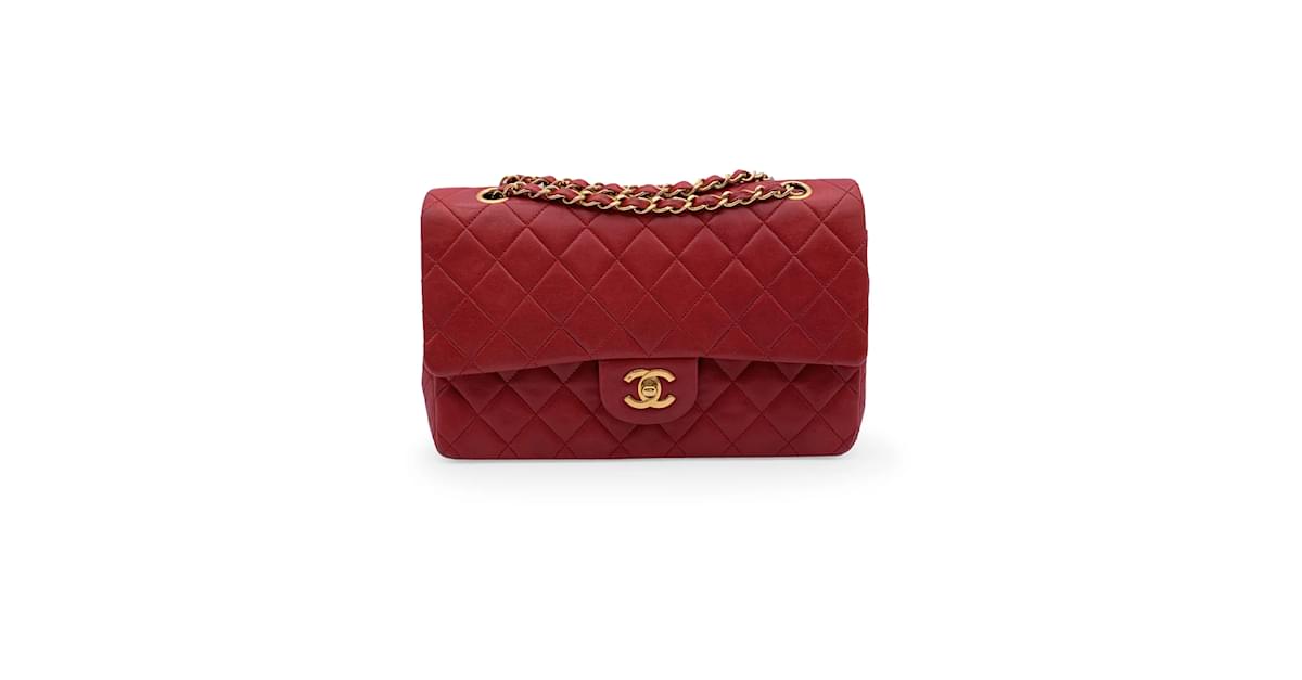 Authentic Chanel Vintage Red Quilted Timeless Classic 2.55 Shoulder Bag 25  cm