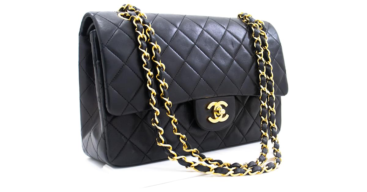 Chanel Classic Double Flap 10 Chain Shoulder Bag Black Lambskin K39