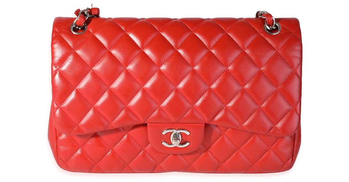 Timeless Chanel Red Quilted Lambskin Classic Jumbo Double Flap