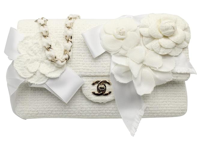 Chanel Camellia Embellished Classic Flap Medium Bag in White Tweed