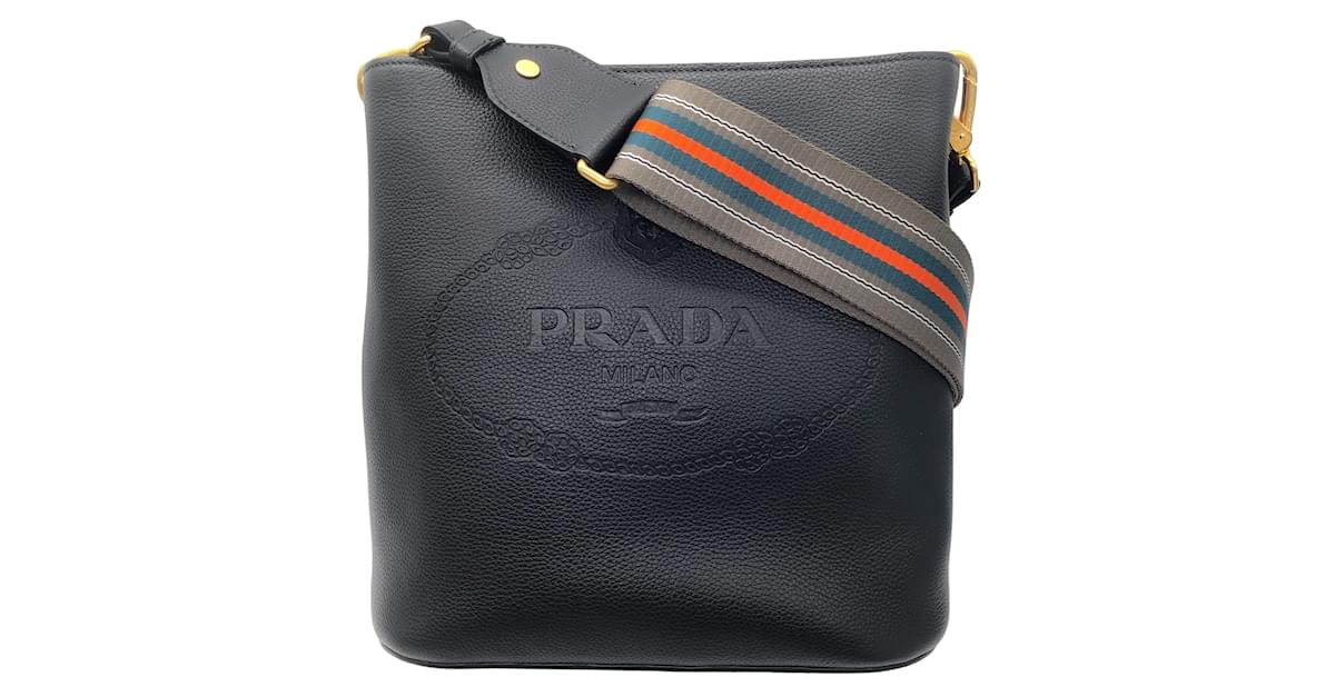 Prada Vitello Phenix Black Leather Stripe Strap Bucket Bag 1BE057 in 2023