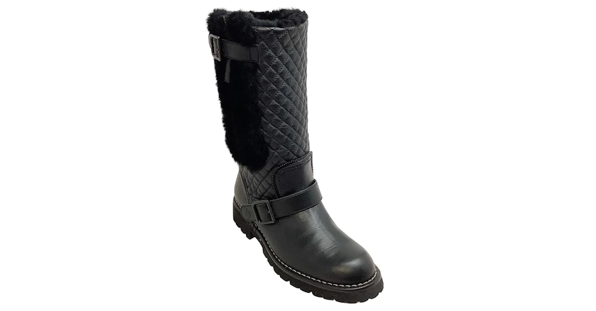Chanel black leather quilted biker boots