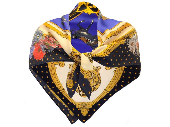 Gucci Blue / Gold / Black Multi Horse Print Square Silk  display picture 1