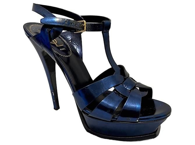 Yves Saint Laurent YSL Tribute sandals in metallic blue Leather