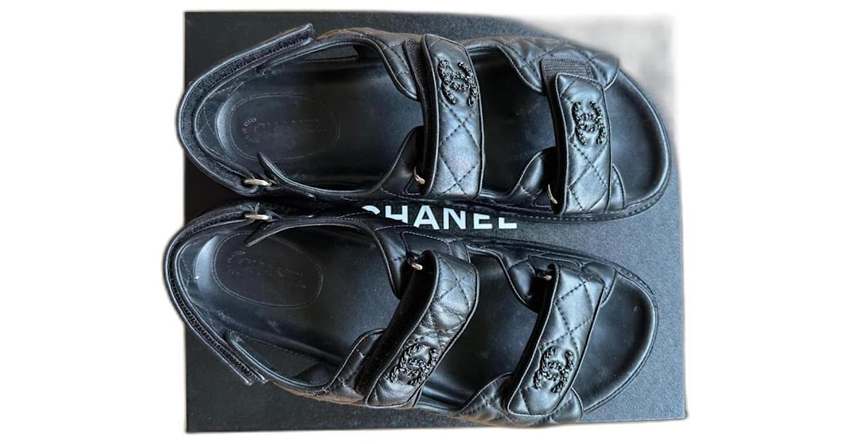 CHANEL Metallic Silver Calfskin CC 'Dad' Velcro Sandals Sz36.5 | Dearluxe