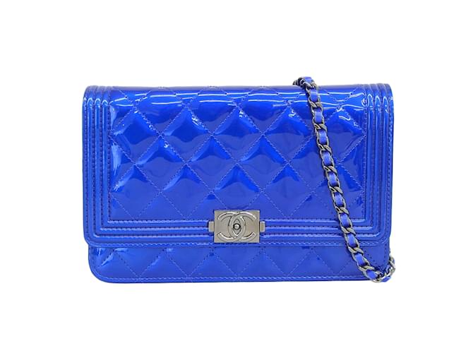 Chanel CC Patent Leather Le Boy Wallet on Chain Blue ref