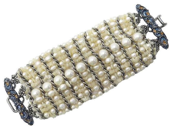 Bracelet 10 Rangs En Or Jaune 18 Carats - Perles De Culture, Diamants, Saphirs, émeraudes - Occasion