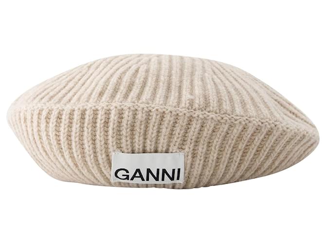 Brazilian Sand Ganni Knitted Hat GANNI Logo Patch Ribbed Beanie