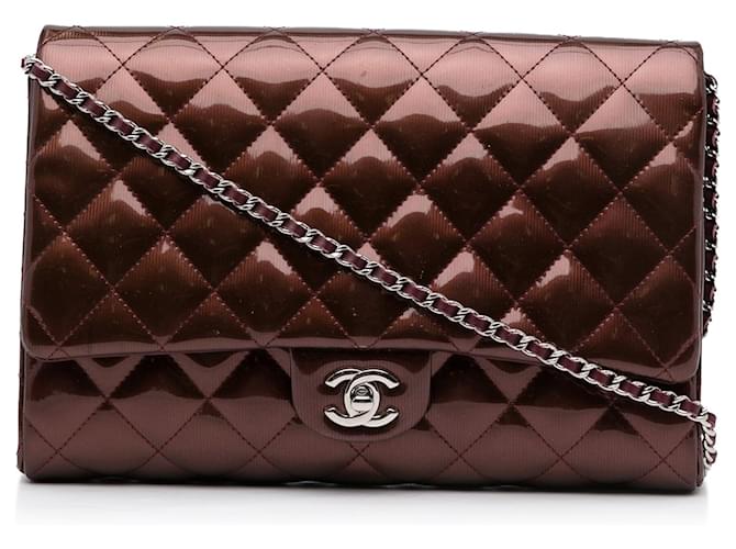 Chanel Brown Quilted Patent Clutch With Chain Bronze Leather