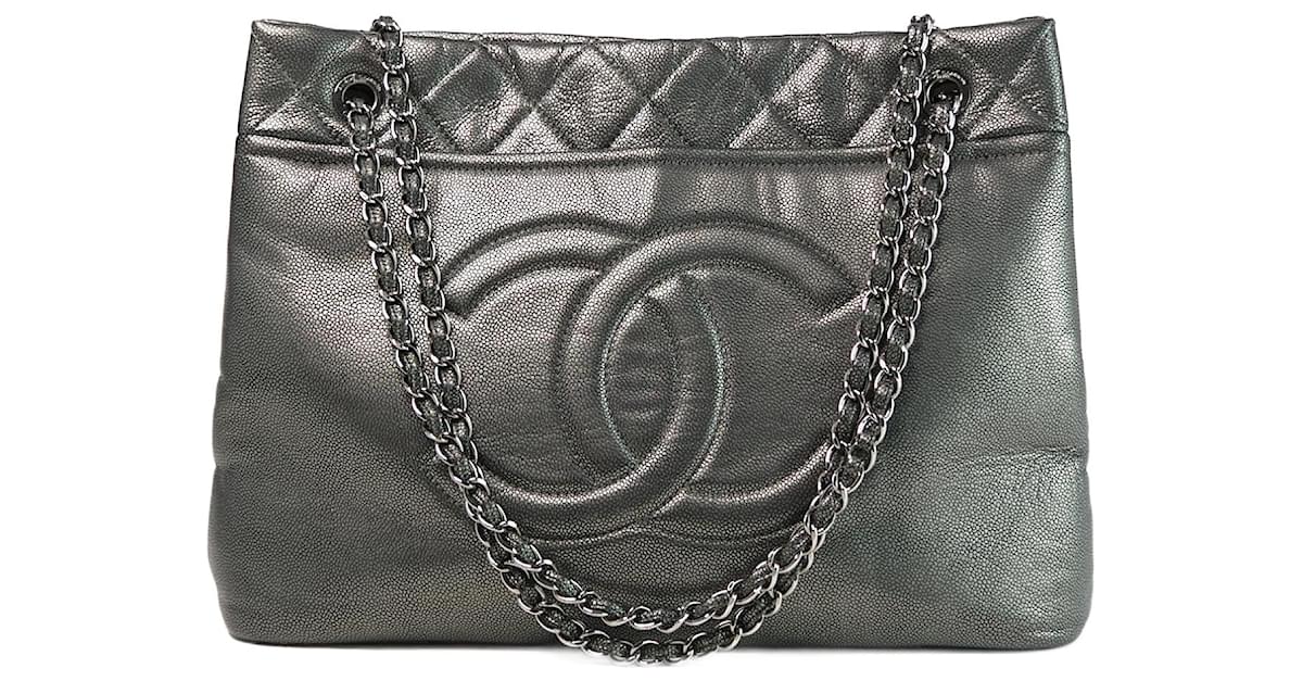 Chanel CC Caviar Timeless Soft Tote Bag Silvery Leather ref.949237