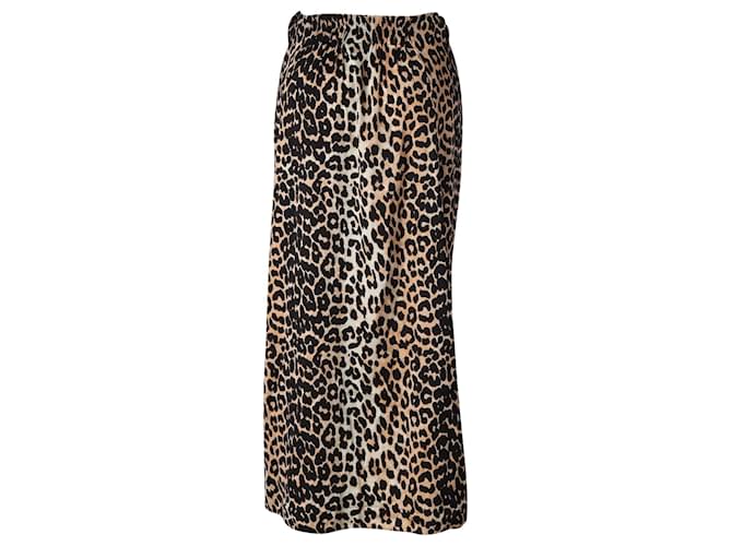 Ganni Bow Detail Leopard Print Midi Skirt in Brown Silk