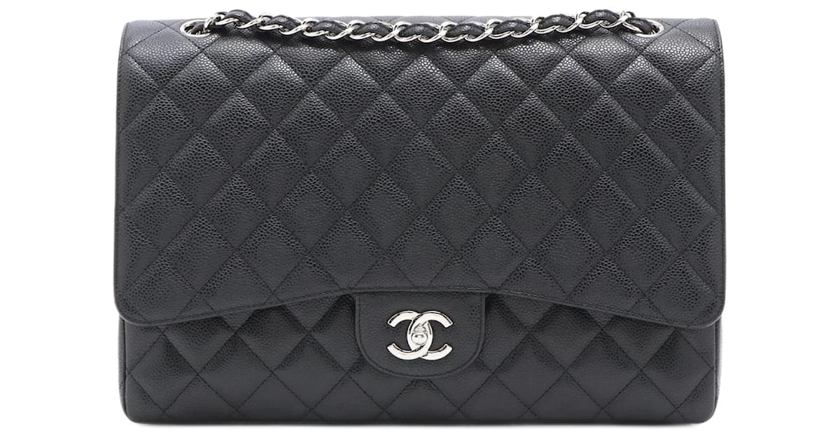 CHANEL Black Caviar Leather Classic Maxi Double Flap Bag Silver Hardwa -  The Purse Ladies