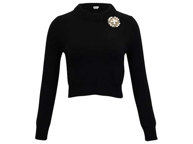 Alexander McQueen Cropped Knit Sweater with Brooch in Black