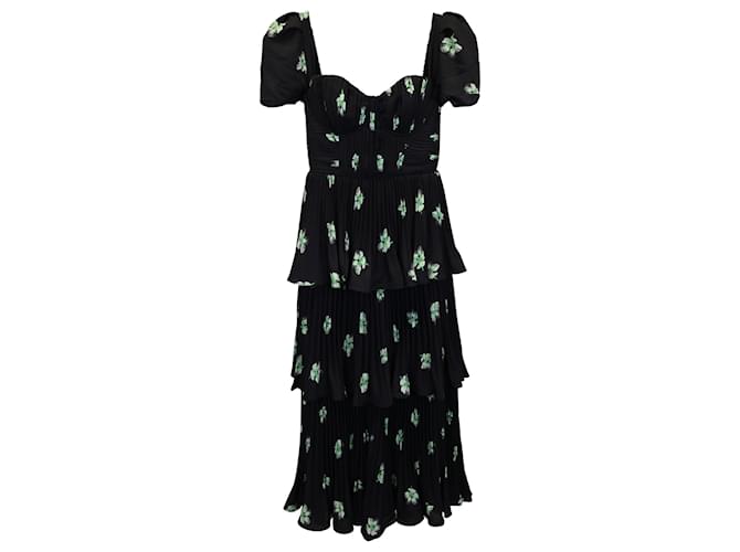 Self Portrait Pansy-Print Tiered Woven Midi Dress In Black Polyester  ref.JC956296 (Sold) - Joli Closet