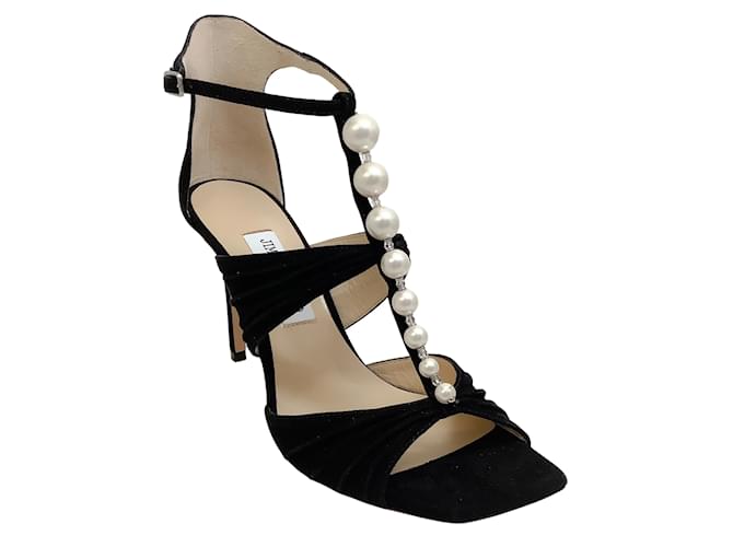 【Jimmy Choo】 Aura 95 embellishedスエードサンダル Black Suede Sandals with Pearls and Crystals | AURA 95