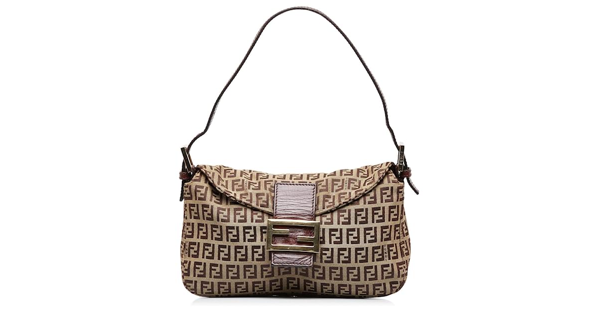 Fendi Pink/Beige Zucca Canvas and Leather Logo Flap Baguette Bag Fendi