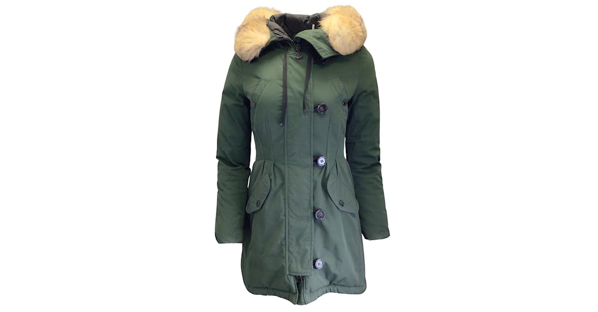 Moncler Aredhel Green / Tan Fox Fur Trimmed Hooded Down Puffer