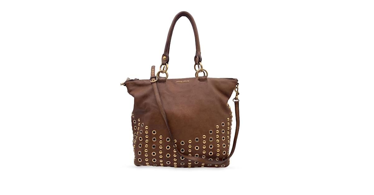 Miu Miu Brown Leather Studded Tote Bag with Shoulder Strap – OPA