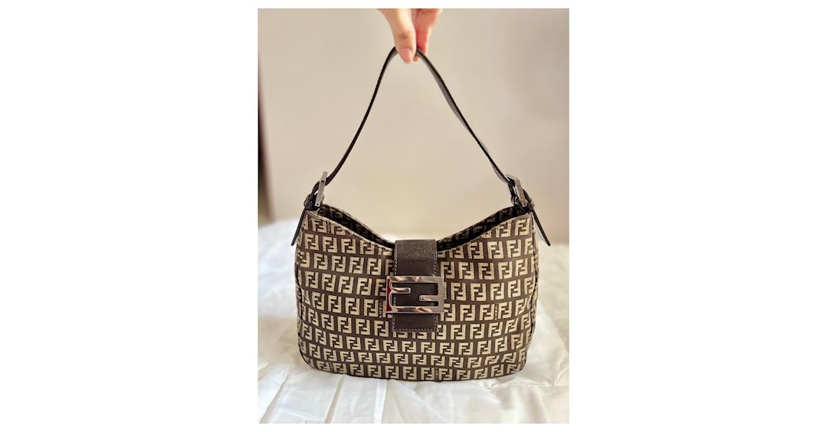 Baguette Fendi Zucchino Dark Brown Hobo Trimmed Shoulder Bag Small