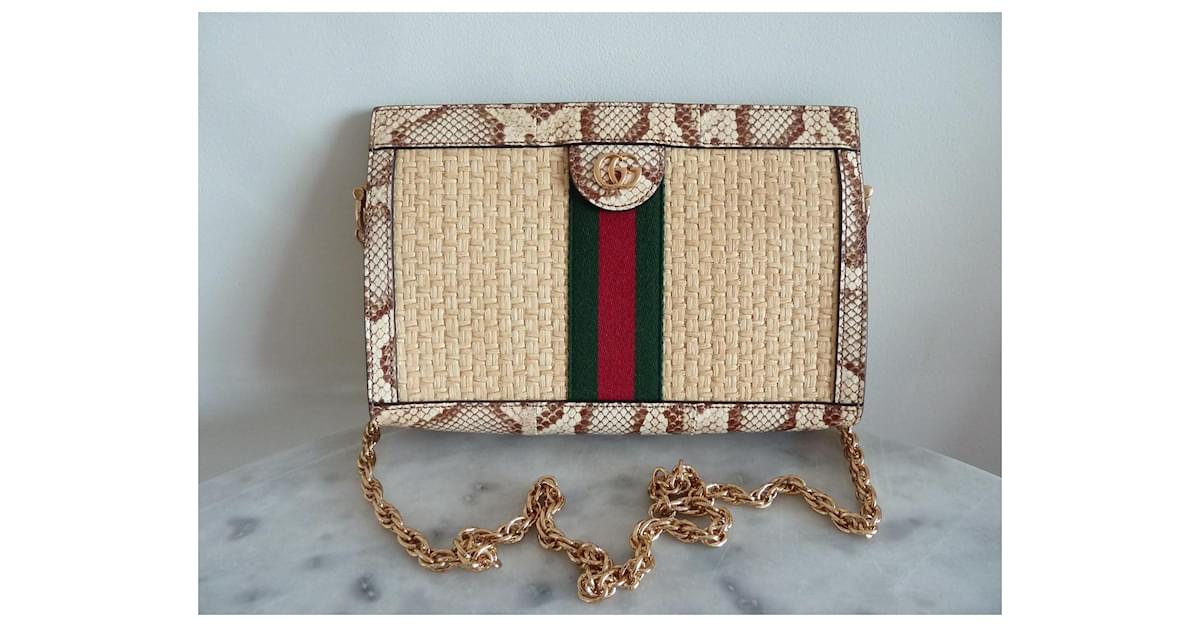 Gucci Raffia and Snakeskin GG Small Ophidia Chain Shoulder Bag New