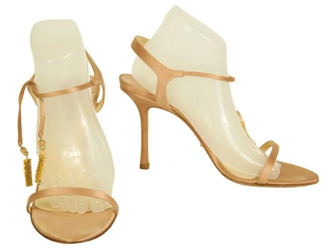 Jimmy Choo Champagne Gold Satin Tie Ankle Tassel Sandals Slim Heel