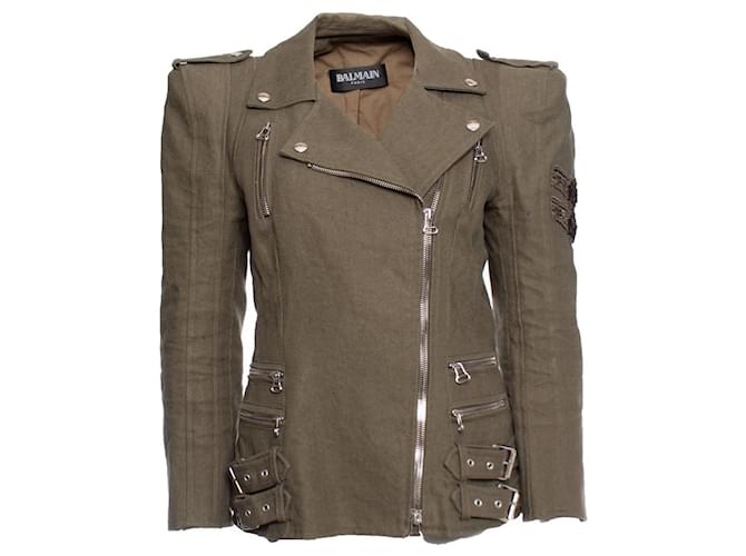 Balmain, Army green biker jacket Cotton ref.1002112 - Joli