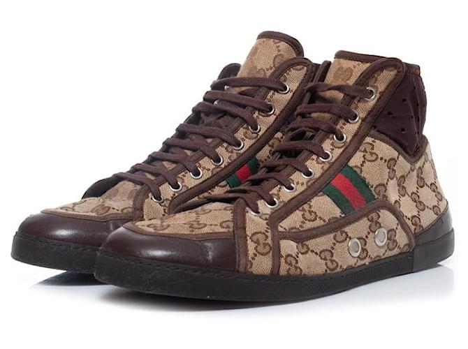 Gucci, Zapatillas altas de lona con GG Castaño Joli