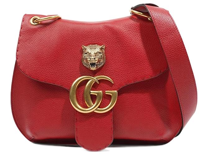 Gucci Womens GG Marmont Animalier Flap Crossbody Red Leather ref