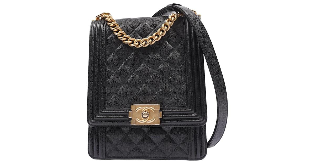 Chanel Womens North South Boy Bag Black Caviar Leather / Gold ref