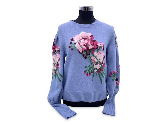 トップス Gucci wool LS knit blue flower butterfly Gucci Light Blue Wool Intarsia Flowers Sweater Size L ref.972320