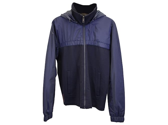 Prada Linea Rossa Two-tone High-neck Hooded Jacket in Navy Blue
