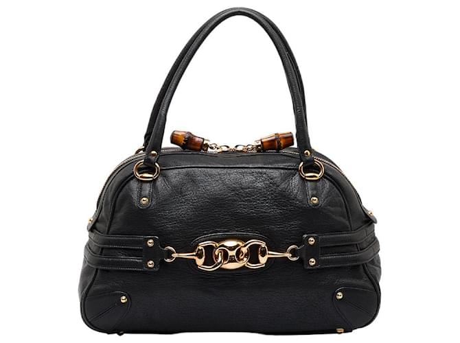 Gucci Leather Bamboo Handbag 159398 Black Pony-style