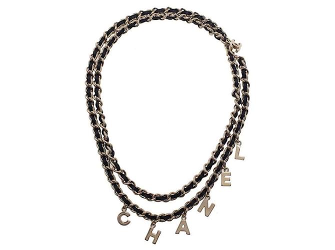 Chanel CC Logo Silver and Black Leather Letter Chain Belt