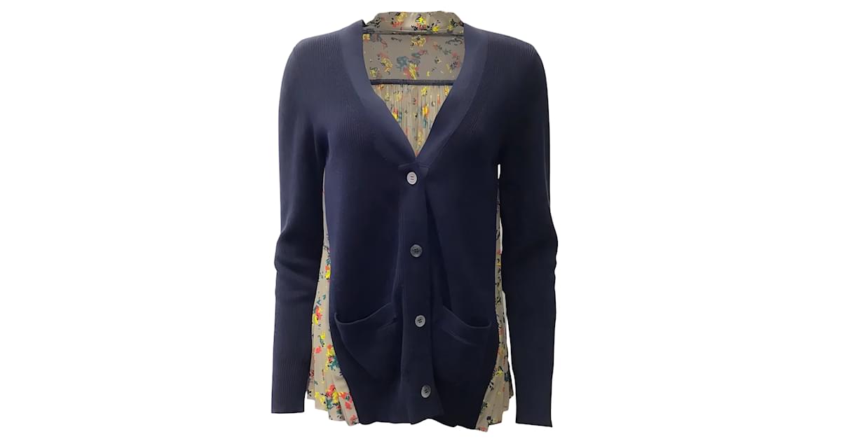 Sacai Navy / Taupe Multi Cardigan with Pleated Back Navy blue