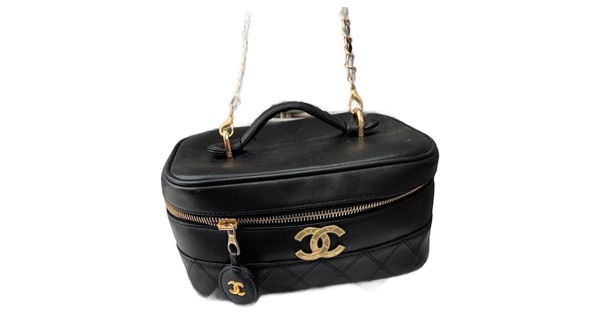 CHANEL Vintage Vanity Case Leather Chain Cosmetic Bag Black