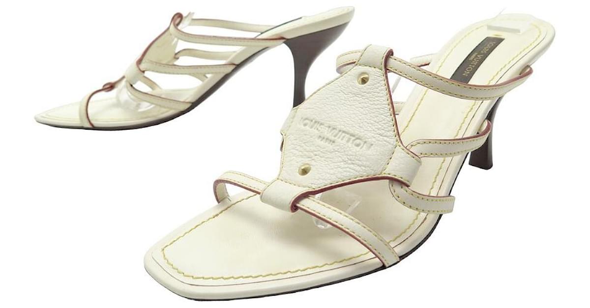 Pre-owned Louis Vuitton White Leather And Canvas Logo Strappy Mule