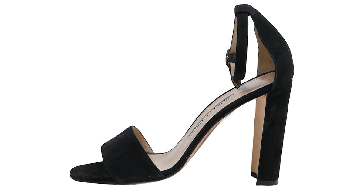 Manolo Blahnik Black suede sandal heels with round open toe and