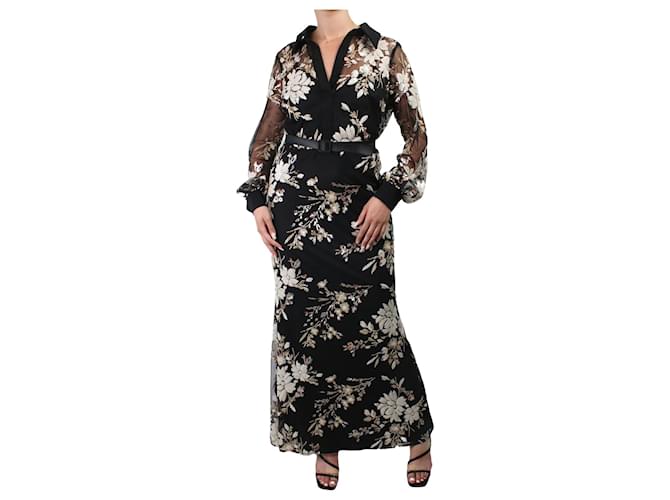 Badgley Mischka Black long sleeved long dress with sequin flowers - size UK  14 Polyester ref.JC985997 (Sold) - Joli Closet