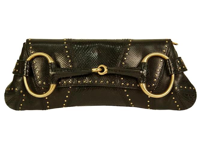 Gucci Black Python and Lizard Horsebit Large Clutch ref.987725
