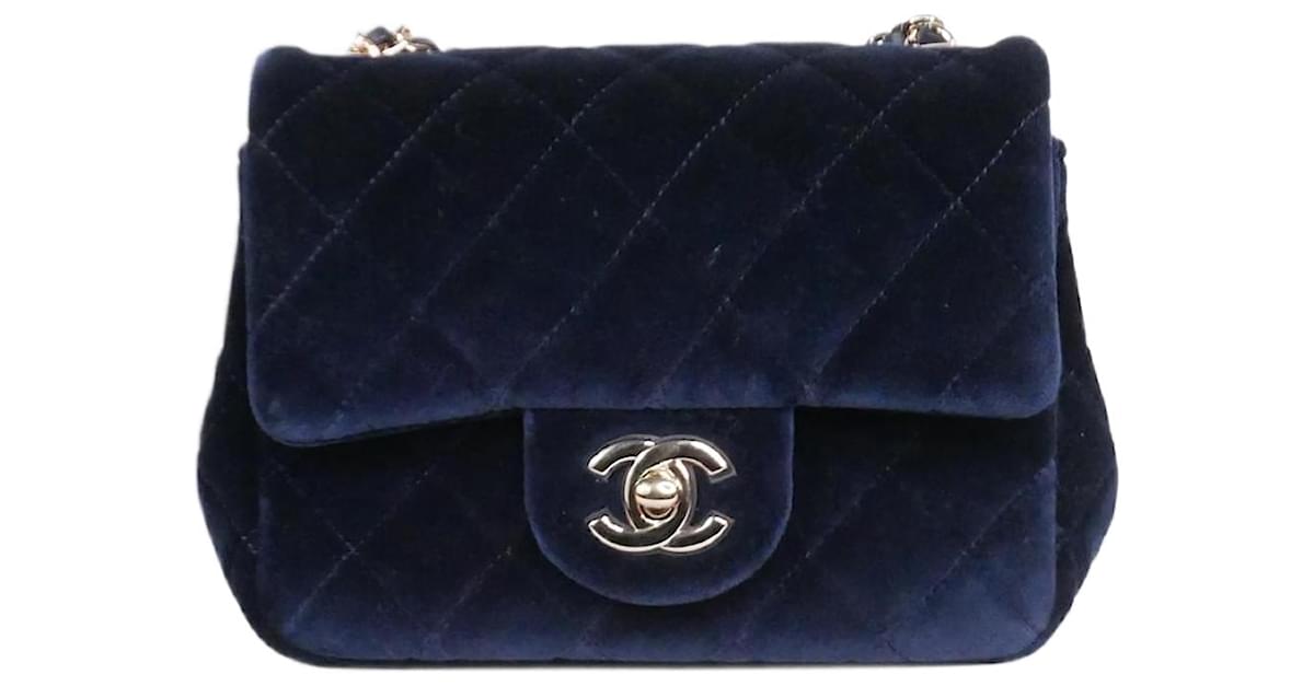 Chanel Black Quilted Velvet Mini Square Classic Single Flap Gold Hardware, 1989-1991 (Like New), Womens Handbag