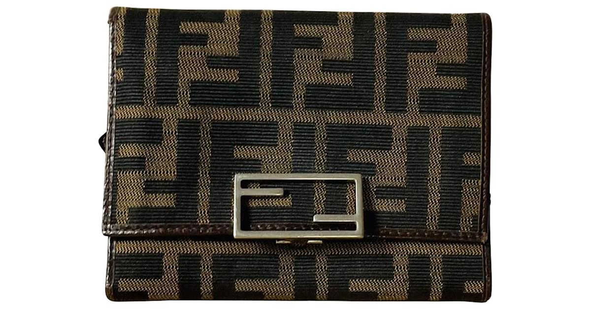 Fendi Zucca F Is Continental Wallet Embossed Leather Yellow Brown Auth  34531