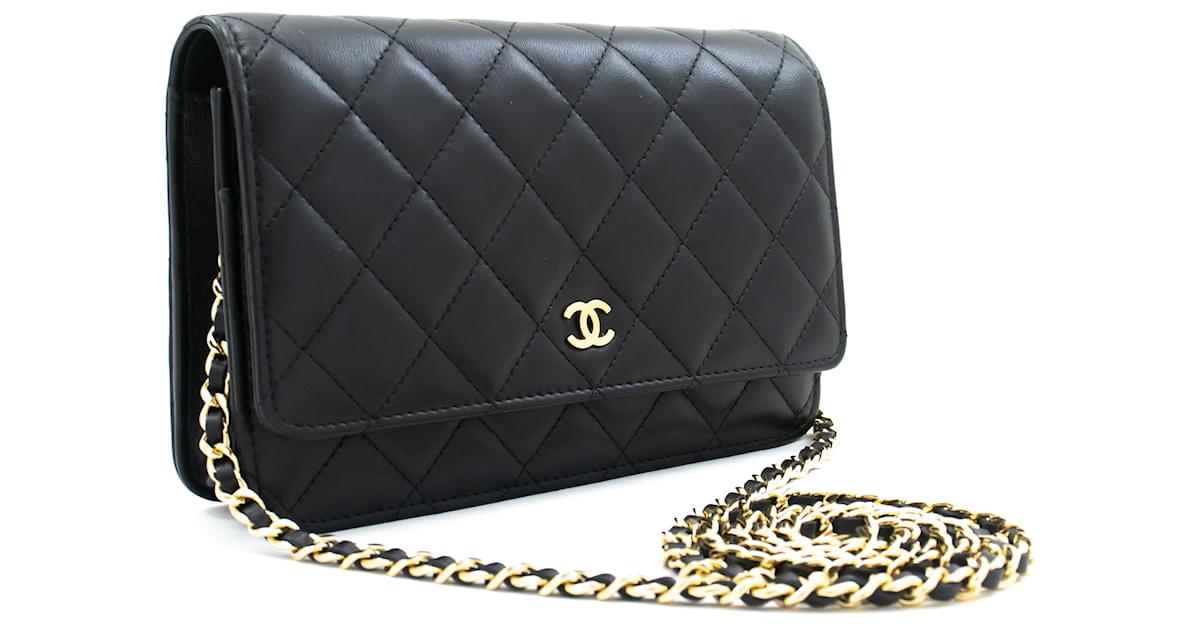 Chanel Lambskin Quilted Mini Camellia Bow Wallet On Chain Black