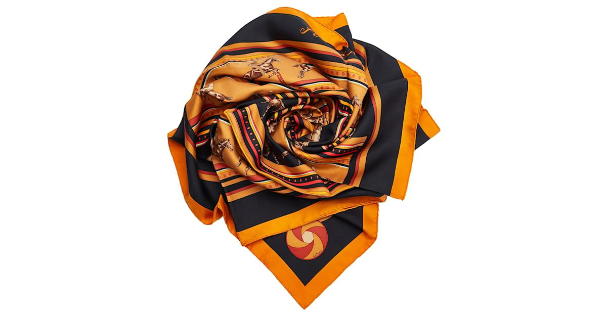 Black & Multicolor Hermes Les Tambours Printed Silk Scarf