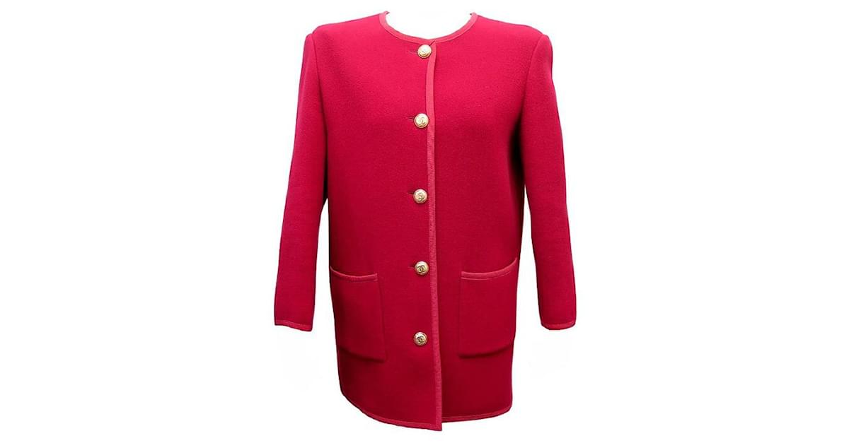 VINTAGE LONG CHANEL JACKET WITH CC LOGO BUTTONS L 42 RED CASHMERE JACKET  ref.999806