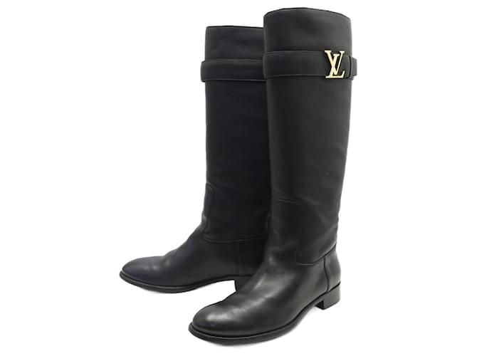 LOUIS VUITTON LEGACY SHOES 39 BLACK LEATHER HEELED BOOTS LOGO LV
