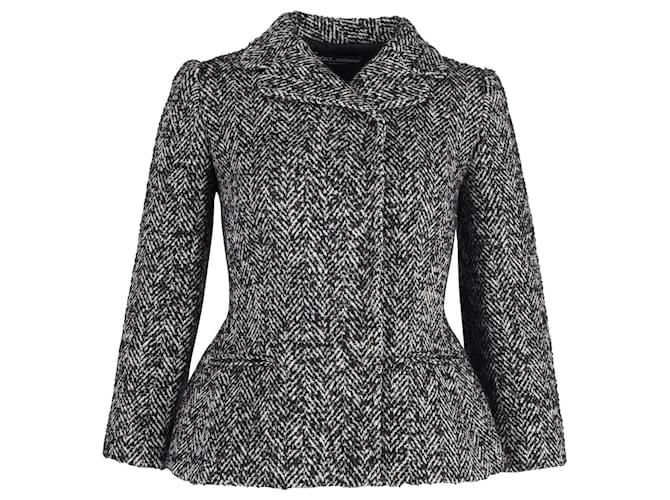 Dolce & Gabbana Gray Wool Herringbone Shearling Collar Bomber Jacket