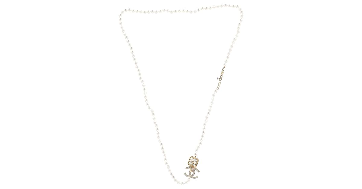 Chanel Crystal-Embellished CC Logo Faux Pearl Long Necklace in